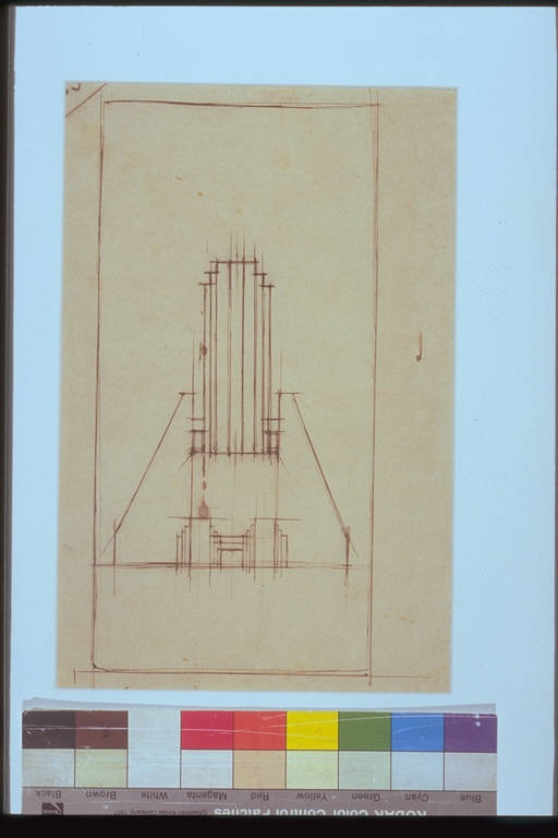 Studio di monumento con torri, STUDIO DI MONUMENTO CON TORRI (disegno) di Sant'Elia Antonio (attr.) (sec. XX)