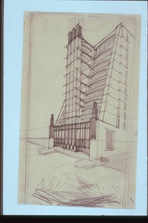 Casa a gradinata con ascensori esterni, Casa a gradinata con ascensori esterni (disegno) di Sant'Elia Antonio (attr.) (sec. XX)