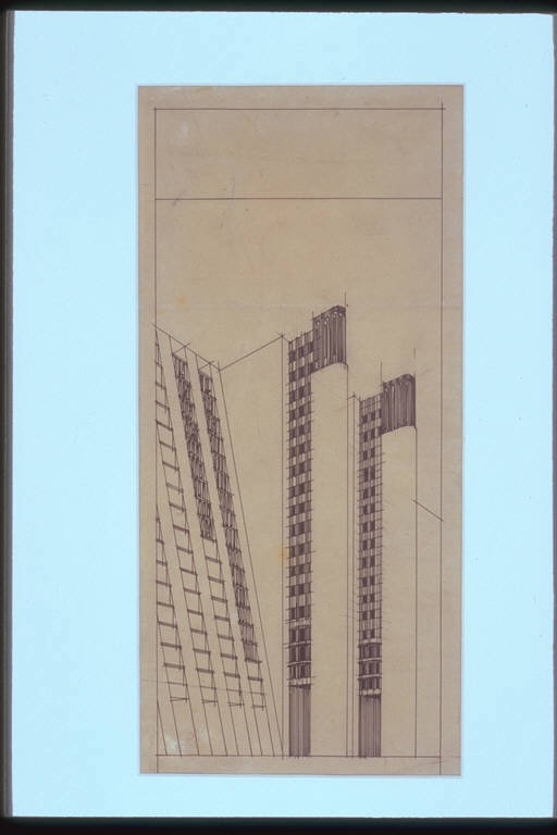 Casa a gradinata con ascensori esterni. Studio, Studio di casa a gradinata con ascensori esterni (disegno) di Sant'Elia Antonio (attr.) (sec. XX)