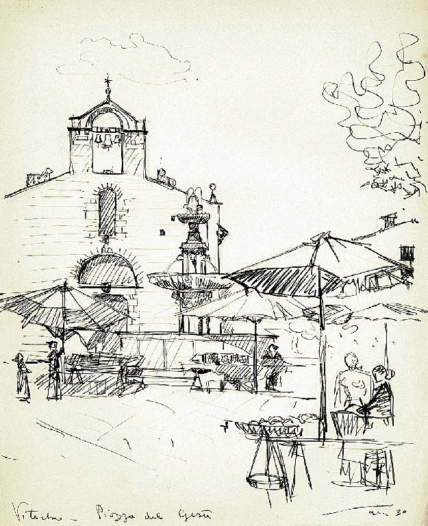 Viterbo - piazza del Gesù, Veduta di piazza del Gesù a Viterbo (disegno) di Parisi, Domenico detto Ico Parisi (secondo quarto sec. XX)