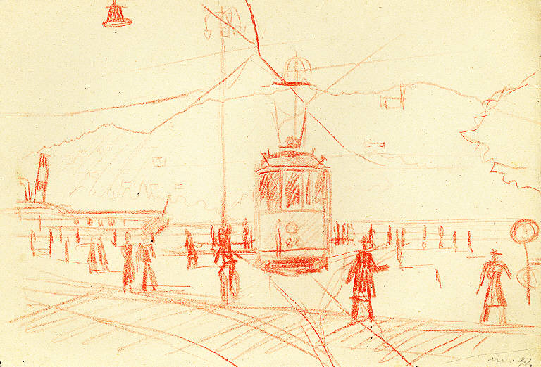 piazza Cavour, Veduta di piazza Cavour a Como (disegno) di Parisi, Domenico detto Ico Parisi (secondo quarto sec. XX)