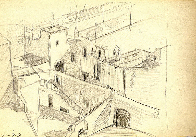 barche, Veduta di Forio d'Ischia (Napoli) (disegno) di Parisi, Domenico detto Ico Parisi (secondo quarto sec. XX)