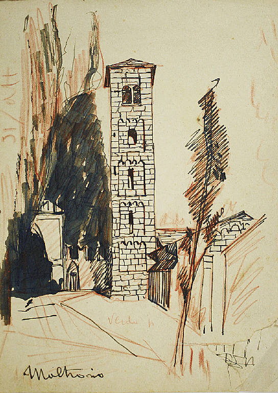 Moltrasio, Veduta del campanile della Chiesa di S. Martino a Moltrasio (Como) (disegno) di Parisi, Domenico detto Ico Parisi (secondo quarto sec. XX)