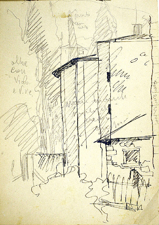 Moltrasio, Veduta di edifici a Moltrasio (Como) (disegno preparatorio) di Parisi, Domenico detto Ico Parisi (secondo quarto sec. XX)