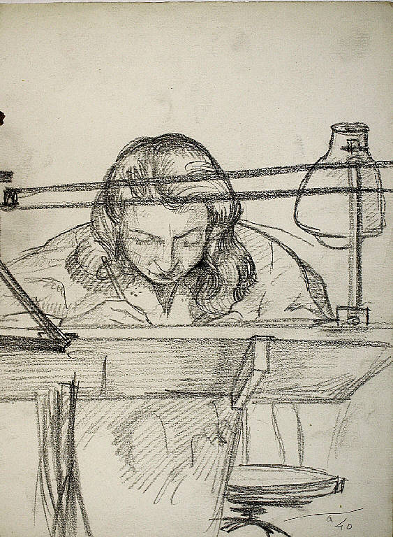 Luisa al tavolo di lavoro, Ritratto di Luisa Parisi (disegno) di Parisi, Domenico detto Ico Parisi (secondo quarto sec. XX)