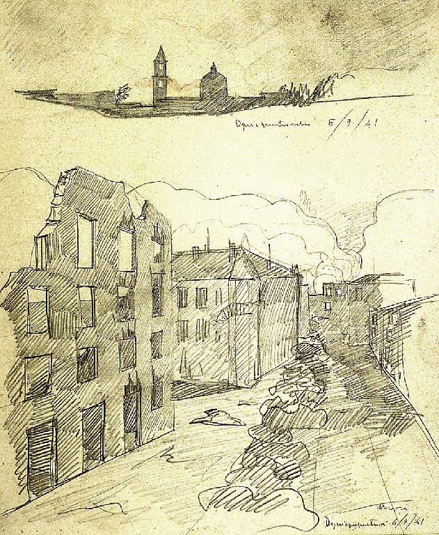 Dniepropetrovsk, Veduta di edifici distrutti a Dniepropetrovsk (Ucraina) (disegno) di Parisi, Domenico detto Ico Parisi (secondo quarto sec. XX)