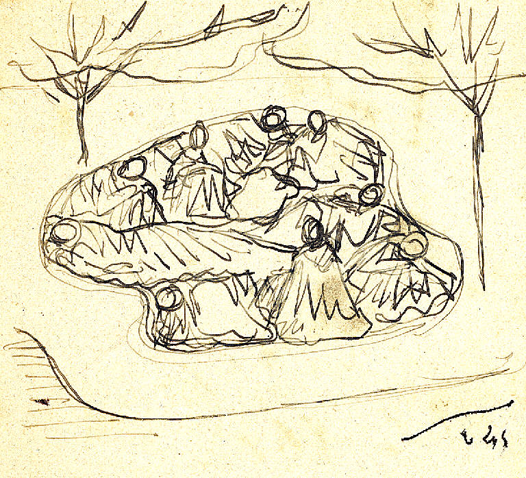 accampamento, Uomini accovacciati (disegno) di Parisi, Domenico detto Ico Parisi (secondo quarto sec. XX)
