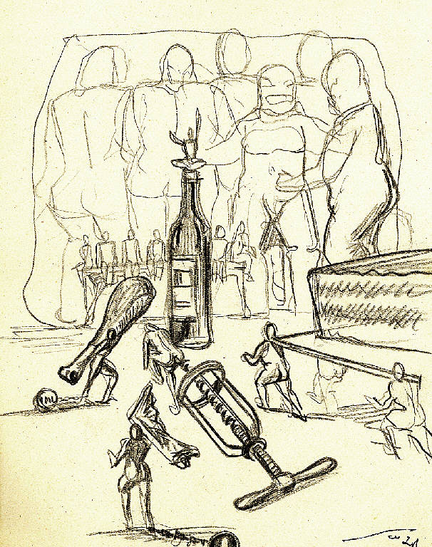 la rivolta degli oggetti, Figure umane e oggetti (disegno) di Parisi, Domenico detto Ico Parisi (secondo quarto sec. XX)