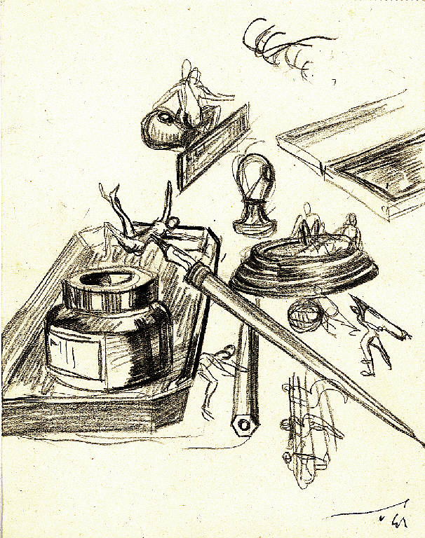 la rivolta degli oggetti, Figure umane e oggetti (disegno) di Parisi, Domenico detto Ico Parisi (secondo quarto sec. XX)