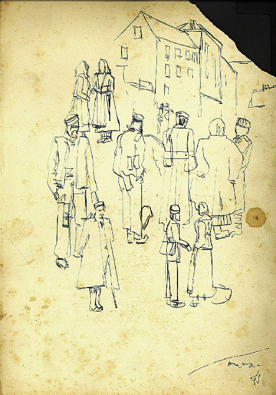 gente in piazza, Figure maschili in divisa e figure femminili (disegno) di Parisi, Domenico detto Ico Parisi (secondo quarto sec. XX)