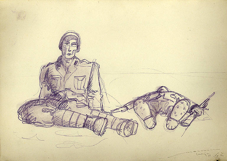 Feriti, Soldati seduti (disegno) di Parisi, Domenico detto Ico Parisi (secondo quarto sec. XX)