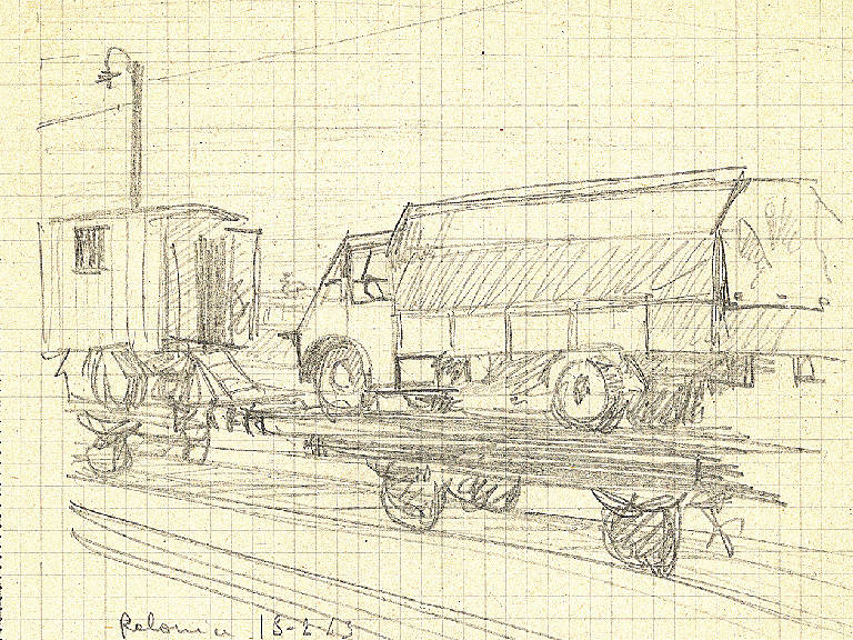 Camion caricato su pianale ferroviario, Veduta di carrozza di treno con autocarro (Polonia) (disegno) di Parisi, Domenico detto Ico Parisi (secondo quarto sec. XX)
