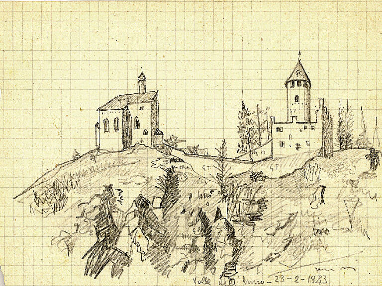 Valle dell'Isarco, Veduta di fortilizio in Valle Isarco (Trentino Alto Adige) (disegno) di Parisi, Domenico detto Ico Parisi (secondo quarto sec. XX)