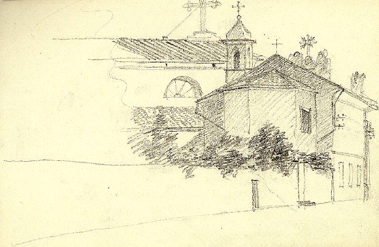 Peschiera, Veduta di edificio sacro a Peschiera (Verona) (disegno) di Parisi, Domenico detto Ico Parisi (secondo quarto sec. XX)