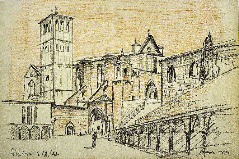 Assisi, Veduta della Basilica Inferiore di S. Francesco ad Assisi (Perugia) (disegno) di Parisi, Domenico detto Ico Parisi (secondo quarto sec. XX)
