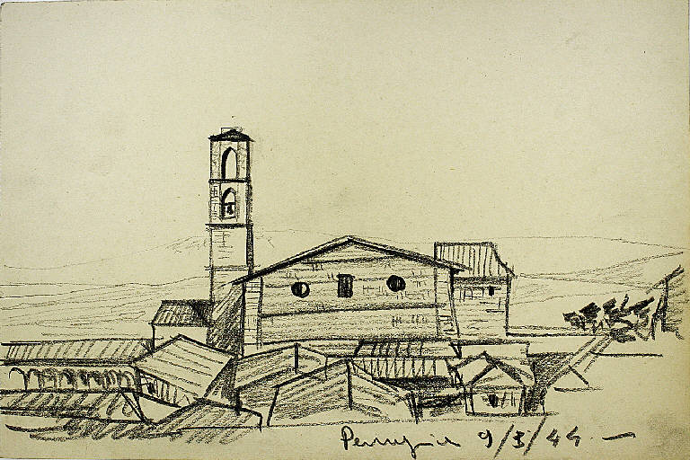 Perugia, Veduta della Basilica di S. Domenico a Perugia (disegno) di Parisi, Domenico detto Ico Parisi (secondo quarto sec. XX)