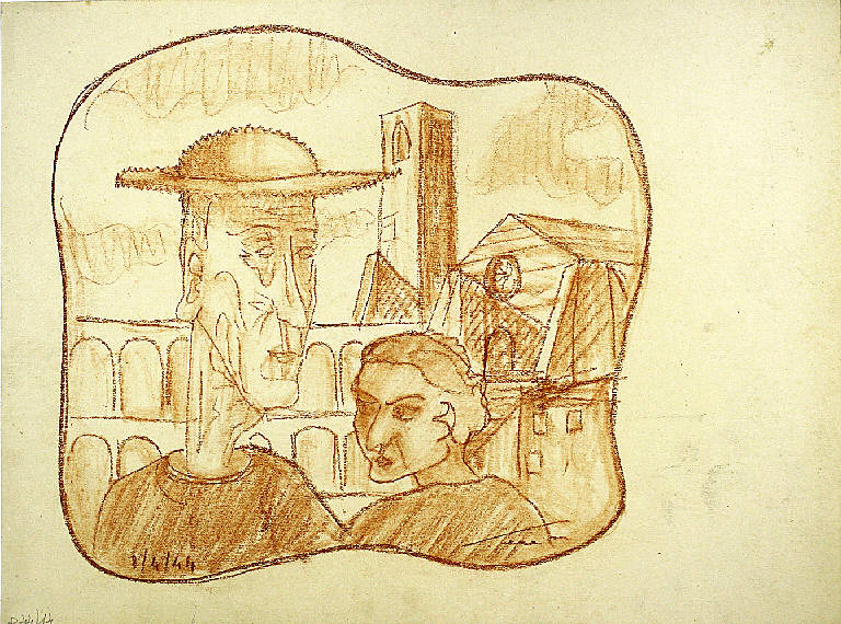 Prete e perpetua, Sacerdote e figura femminile (disegno) di Parisi, Domenico detto Ico Parisi (secondo quarto sec. XX)