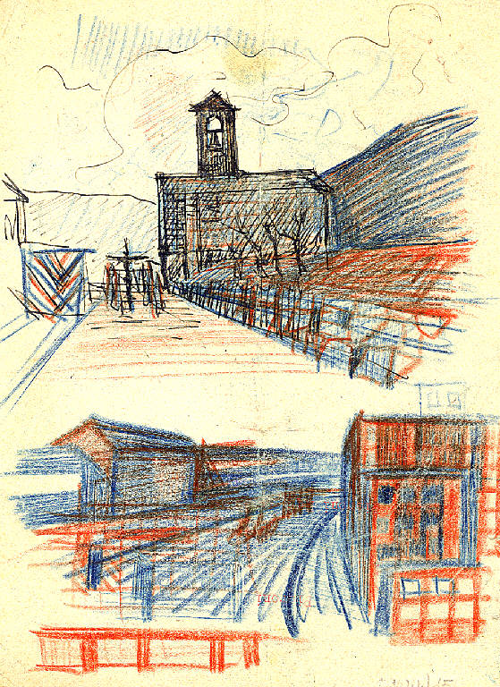 Pianello, Veduta di edifici a Pianello al Lario (Como) (disegno) di Parisi, Domenico detto Ico Parisi (secondo quarto sec. XX)