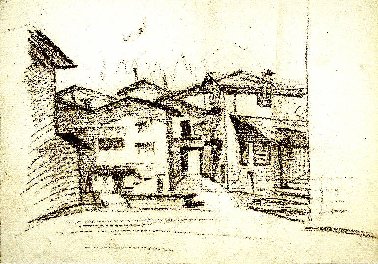 Paese, Veduta di edifici rurali (disegno) di Parisi, Domenico detto Ico Parisi (secondo quarto sec. XX)