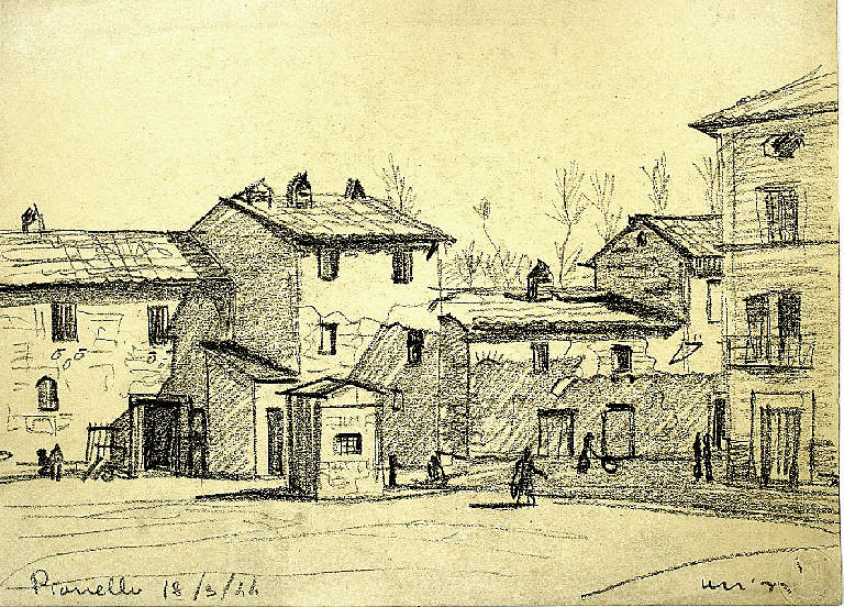 Pianello, Veduta di edifici a Pianello (Perugia) (disegno) di Parisi, Domenico detto Ico Parisi (secondo quarto sec. XX)