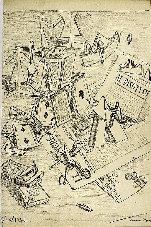 Fantasie sulle carte da gioco, Figure antropomorfe e carte da gioco (disegno) di Parisi, Domenico detto Ico Parisi (secondo quarto sec. XX)