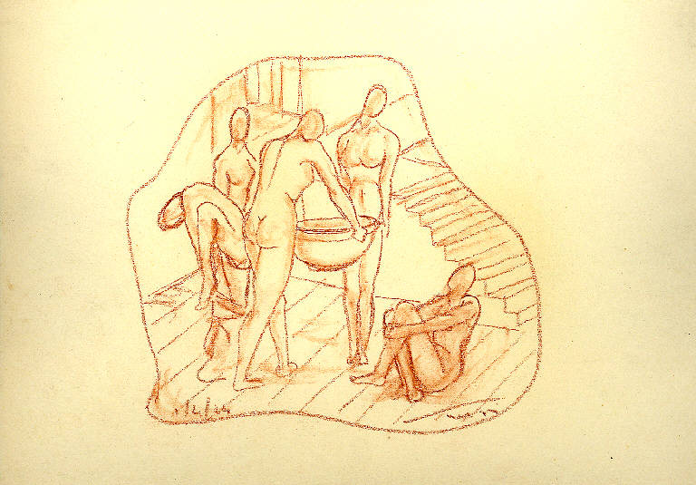 Il bagno, Figure femminii nude con catino (disegno) di Parisi, Domenico detto Ico Parisi (secondo quarto sec. XX)