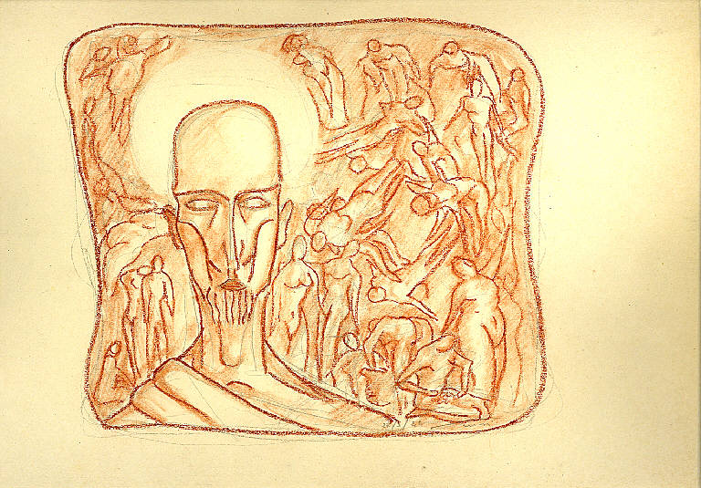 Tentazioni, Volto d'uomo e figure femminili nude (disegno) di Parisi, Domenico detto Ico Parisi (secondo quarto sec. XX)