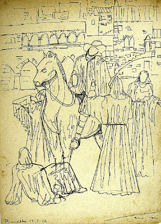 Il cavaliere, Uomo a cavallo e figure con il saio (disegno) di Parisi, Domenico detto Ico Parisi (secondo quarto sec. XX)