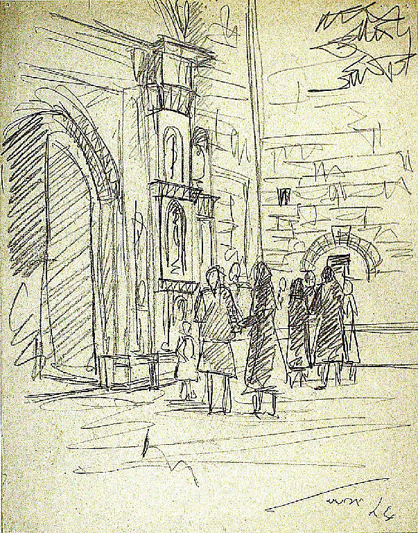Uscita da messa, Veduta di edificio sacro con avventori (disegno) di Parisi, Domenico detto Ico Parisi (secondo quarto sec. XX)