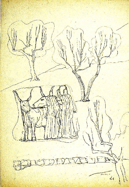 Aratura, Veduta di campo con buoi e contadini (disegno) di Parisi, Domenico detto Ico Parisi (secondo quarto sec. XX)