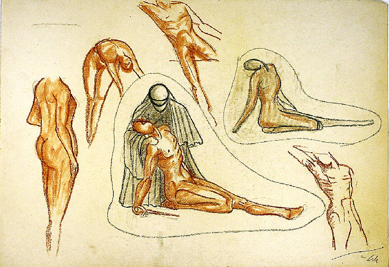 Deposizione e studio di figure, Pietà, Figure maschili e femminili nude (disegno) di Parisi, Domenico detto Ico Parisi (secondo quarto sec. XX)
