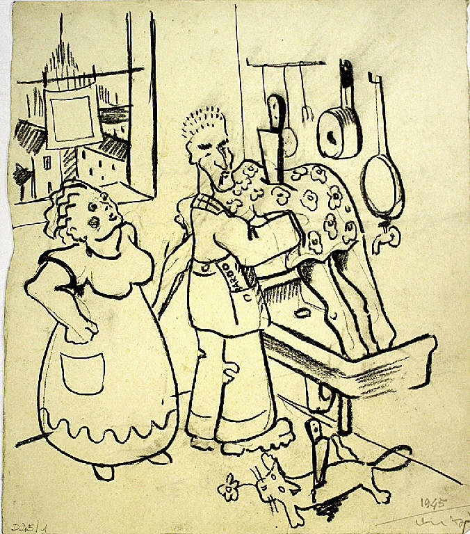Disegno per il settimanale "La rana", Figure umane e gatto (disegno) di Parisi, Domenico detto Ico Parisi (secondo quarto sec. XX)