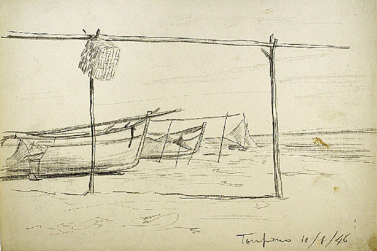 Tonfano, Veduta del spiaggia di Tonfano (Marina di Pietrasanta - Lucca) (disegno) di Parisi, Domenico detto Ico Parisi (secondo quarto sec. XX)