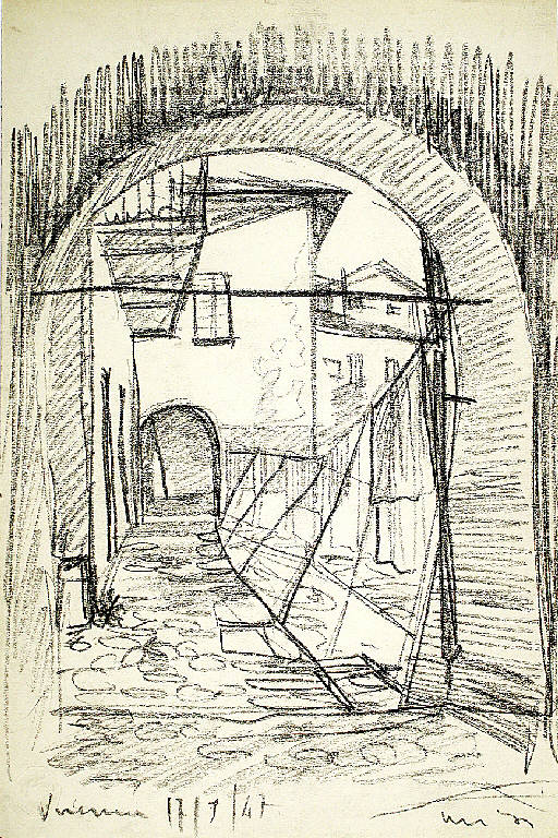 Varenna, Veduta di vicolo a Varenna (Como) (disegno) di Parisi, Domenico detto Ico Parisi (secondo quarto sec. XX)