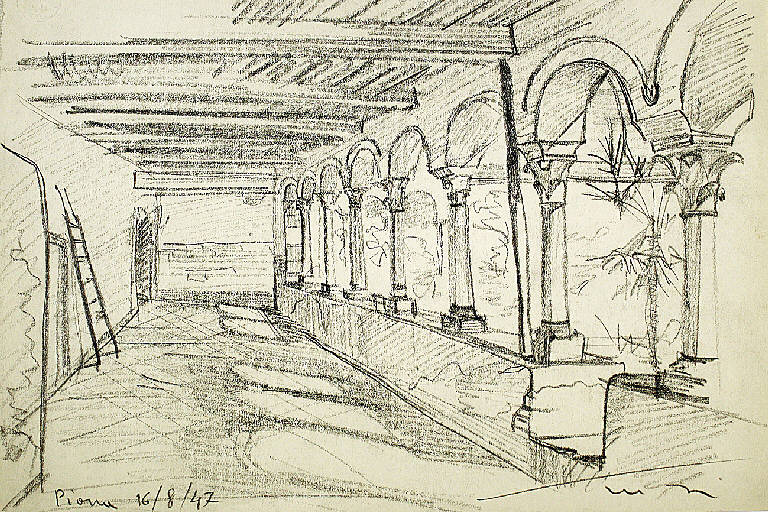 Piona, Veduta del Chiostro del Priorato di Piona (Colico - Como) (disegno) di Parisi, Domenico detto Ico Parisi (secondo quarto sec. XX)