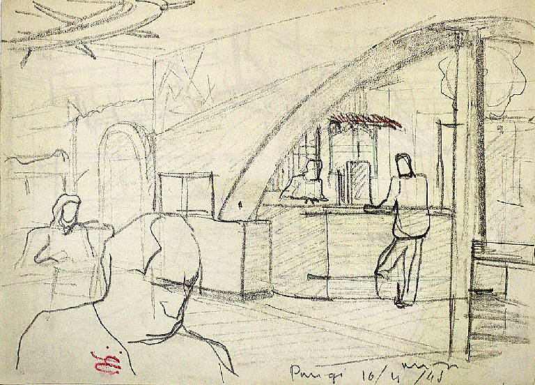 Parigi - bar, Vedeuta d'interno di bar (disegno) di Parisi, Domenico detto Ico Parisi (secondo quarto sec. XX)