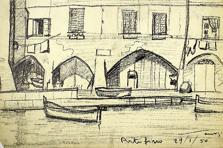 Portofino, Veduta del porto di Portofino (Genova) (disegno) di Parisi, Domenico detto Ico Parisi (secondo quarto sec. XX)