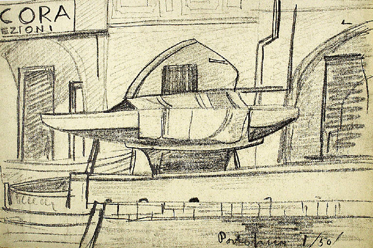 Portofino, Veduta di barca nel porto di Portofino (Genova) (disegno) di Parisi, Domenico detto Ico Parisi (secondo quarto sec. XX)