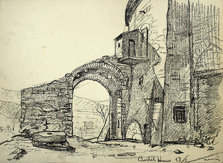 Castel d'Arno, Veduta di edificio a Pianello (Perugia) (disegno) di Parisi, Domenico detto Ico Parisi (secondo quarto sec. XX)