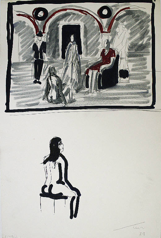 Incontri, Figura femminile nuda difronte a immagine (disegno) di Parisi, Domenico detto Ico Parisi (seconda metà sec. XX)
