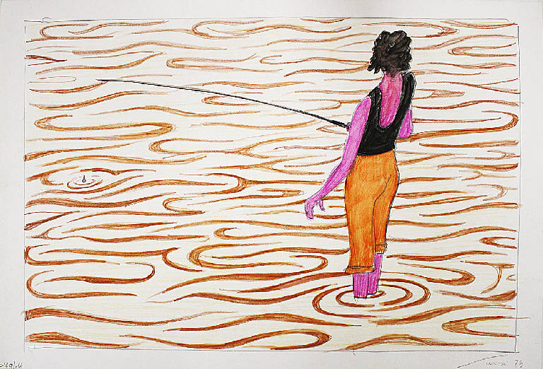 Donna che pesca, Figura femminile con canna da pesca (disegno) di Parisi, Domenico detto Ico Parisi (seconda metà sec. XX)