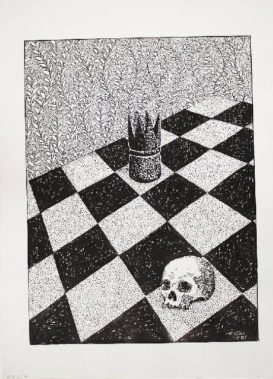 Gli scacchi, Scacchiera con teschio e pedina (disegno) di Parisi, Domenico detto Ico Parisi (seconda metà sec. XX)