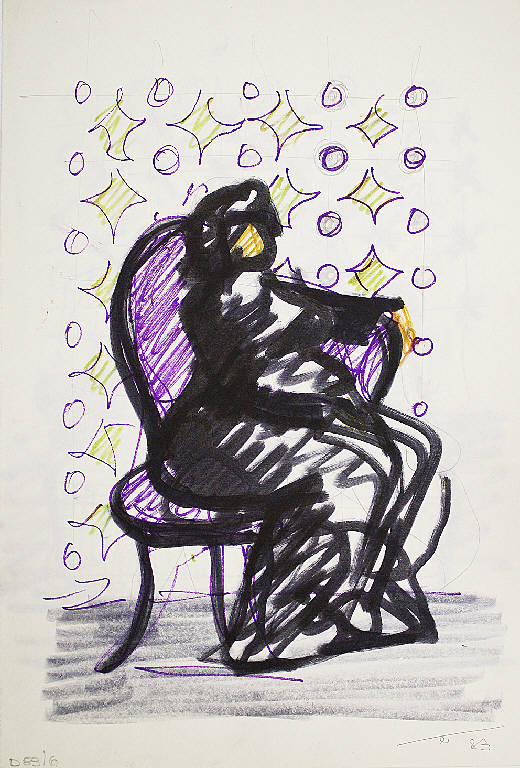 Donna seduta su poltrona viola, Figura femminile seduta (disegno) di Parisi, Domenico detto Ico Parisi (seconda metà sec. XX)