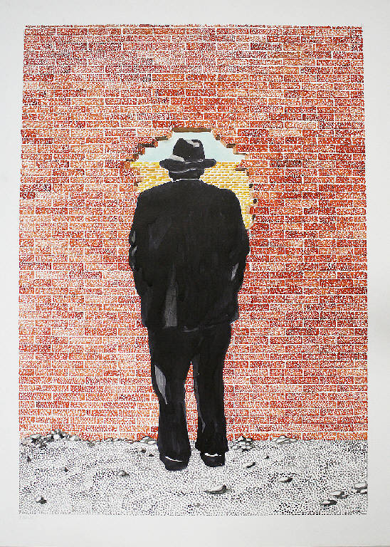 Uomo che guarda un buco nel muro di mattoni, Figura maschile (Ico Parisi) (disegno) di Parisi, Domenico detto Ico Parisi (seconda metà sec. XX)