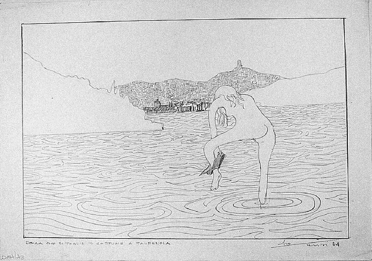 Donna che si toglie il costume, Nudo femminile nuda (disegno) di Parisi, Domenico detto Ico Parisi (seconda metà sec. XX)