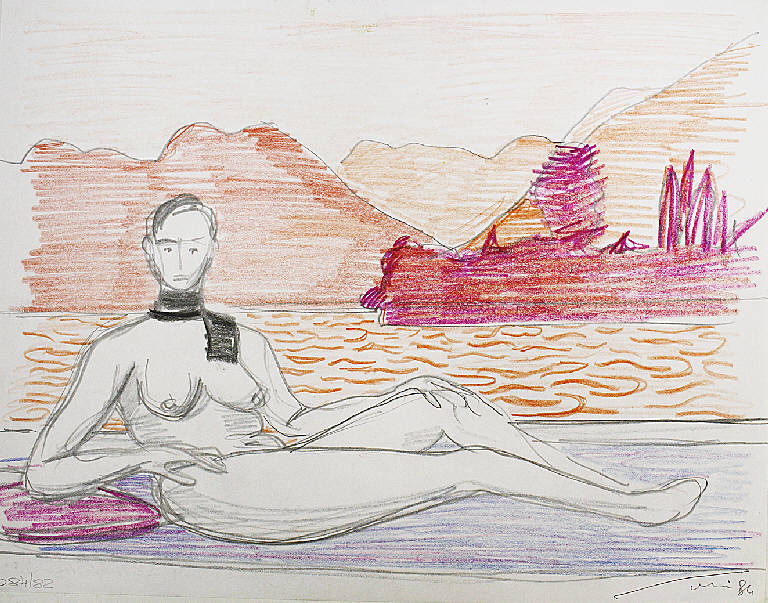 Donna sdraiata sul cuscino, Figura femminile nuda (disegno) di Parisi, Domenico detto Ico Parisi (seconda metà sec. XX)