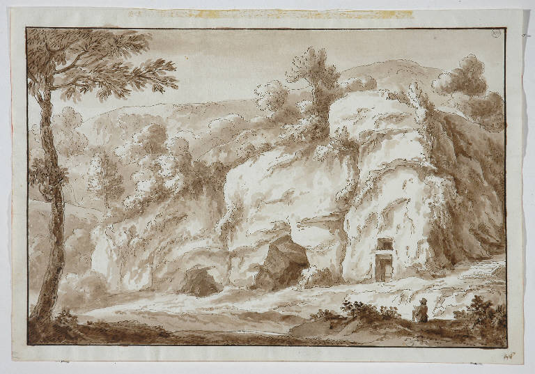 PAESAGGIO CON ARTISTA (disegno) di Monti Tiziano (secc. XVIII/ XIX)