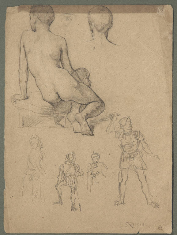STUDIO DI NUDI E GUERRIERI (disegno) di Morgari Paolo Emilio il Vecchio (sec. XIX)