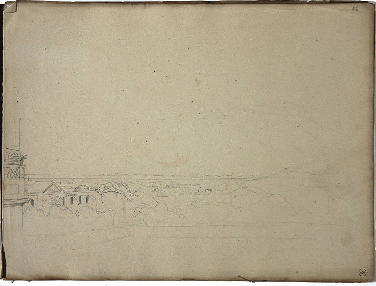 PAESAGGIO CON ARCHITETTURE (disegno) di Bossoli Carlo (prima metà sec. XIX)