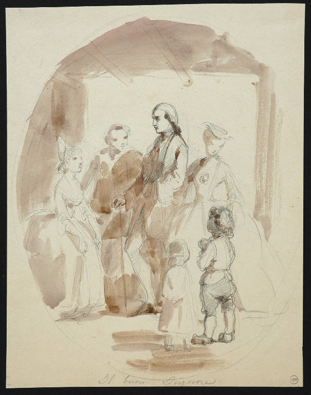 Scena familiare (disegno) di Induno Girolamo (cerchia) (metà sec. XIX)